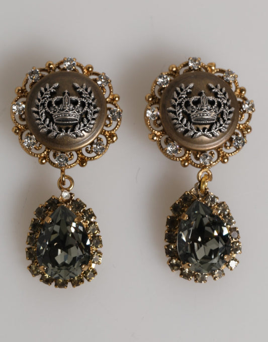 Dolce & Gabbana Gold Brass Crown Medallion Black Crystal Drop Clip On Earrings