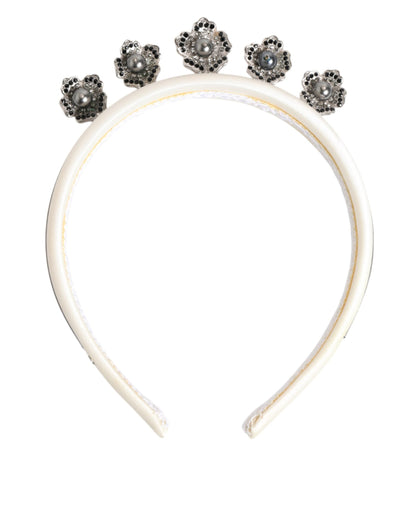 Dolce & Gabbana White Satin Palladium Silver Floral Crown Tiara Headband