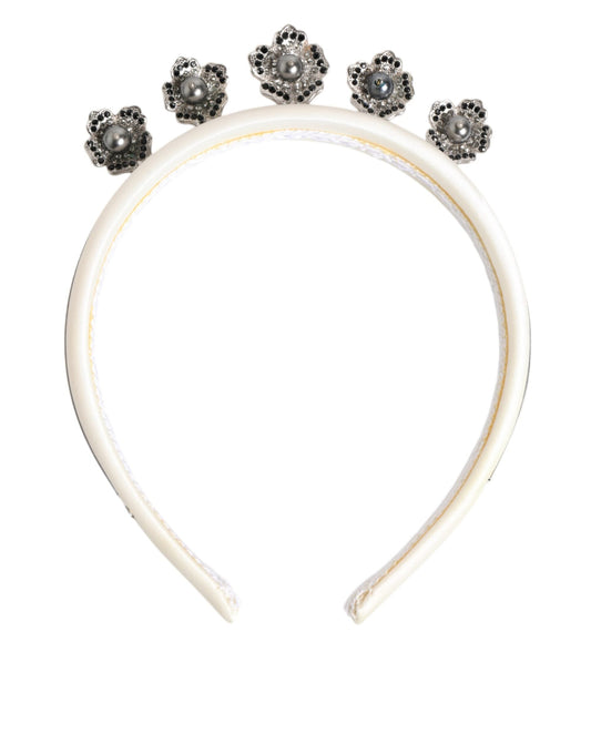 Dolce & Gabbana White Satin Palladium Silver Floral Crown Tiara Headband