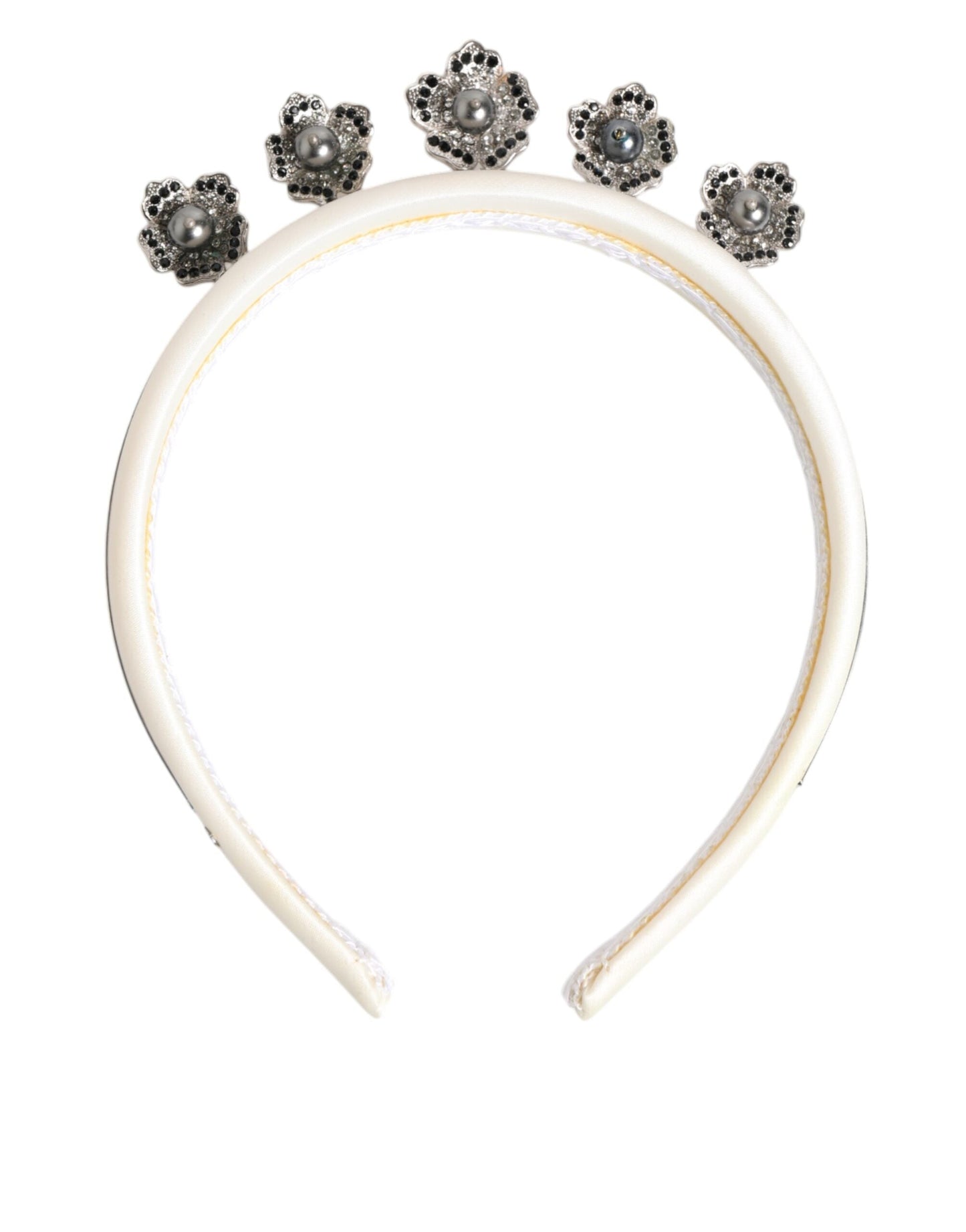Dolce & Gabbana White Satin Palladium Silver Floral Crown Tiara Headband