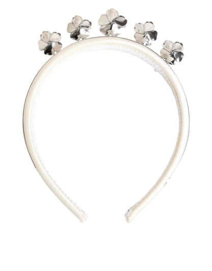 Dolce & Gabbana White Satin Palladium Silver Floral Crown Tiara Headband
