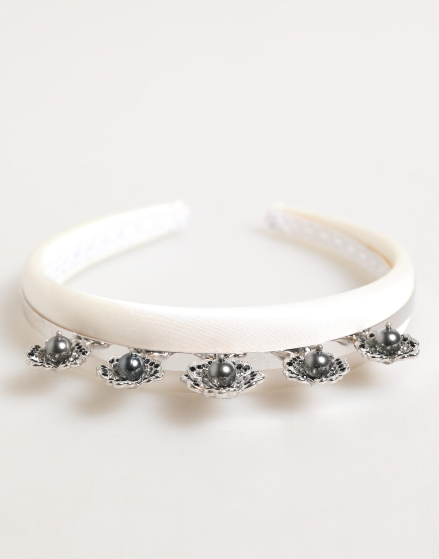 Dolce & Gabbana White Satin Palladium Silver Floral Crown Tiara Headband
