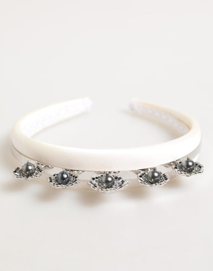 Dolce & Gabbana White Satin Palladium Silver Floral Crown Tiara Headband