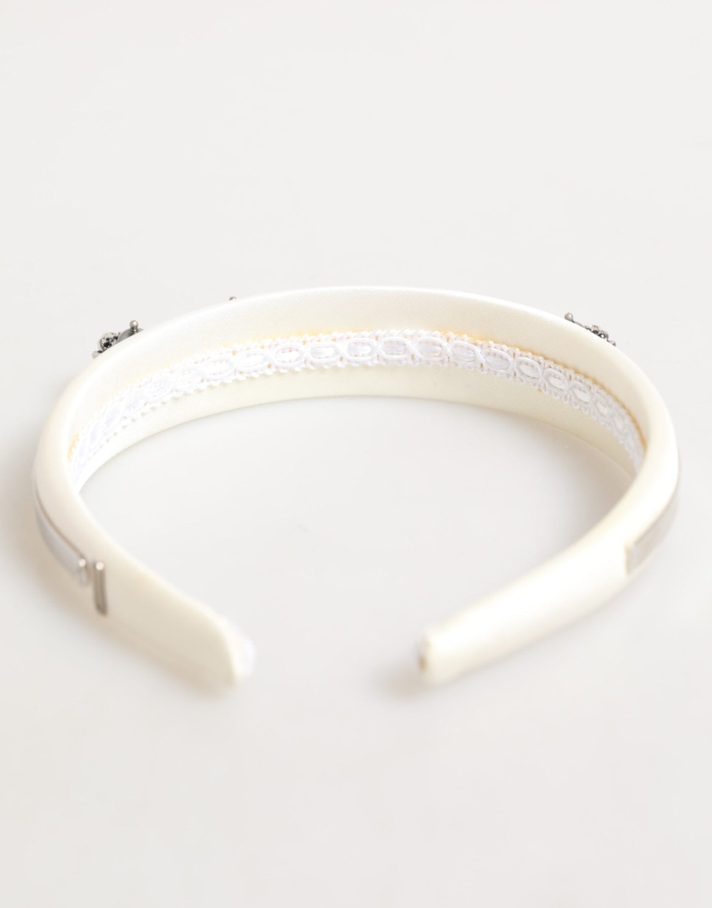 Dolce & Gabbana White Satin Palladium Silver Floral Crown Tiara Headband