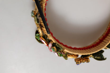 Dolce & Gabbana Multicolor Crystal Floral Gold Green Velvet Crown Headband