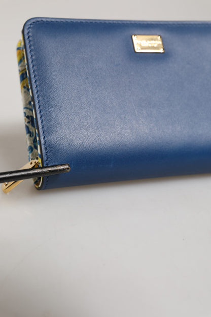 Dolce & Gabbana Blue Leather Continental Tile Print Zip Card Holder Purse Wallet
