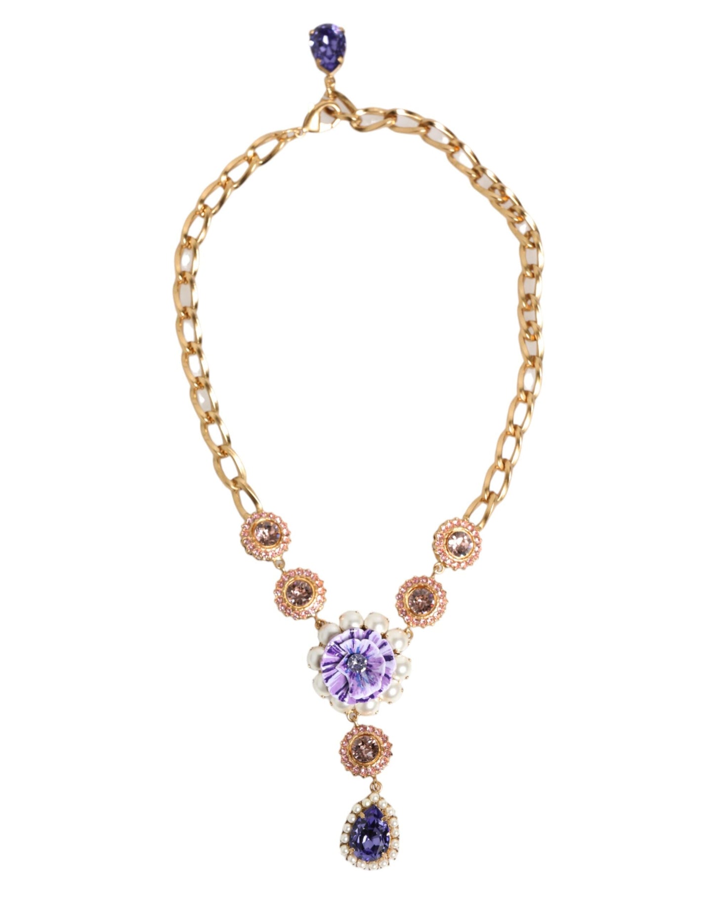 Dolce & Gabbana Gold Brass Crystal Pearl Purple Floral Pendant Jewelry Necklace