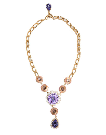 Dolce & Gabbana Gold Brass Crystal Pearl Purple Floral Pendant Jewelry Necklace