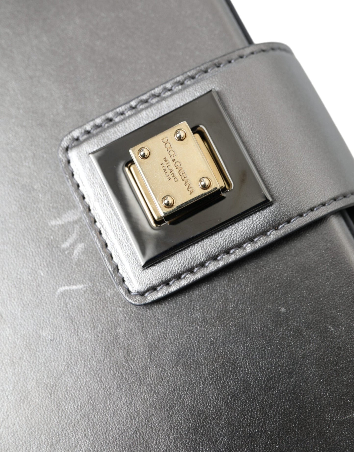 Dolce & Gabbana Steel Gray Leather Box Shape Shoulder Gold DG Logo Plaque Bag