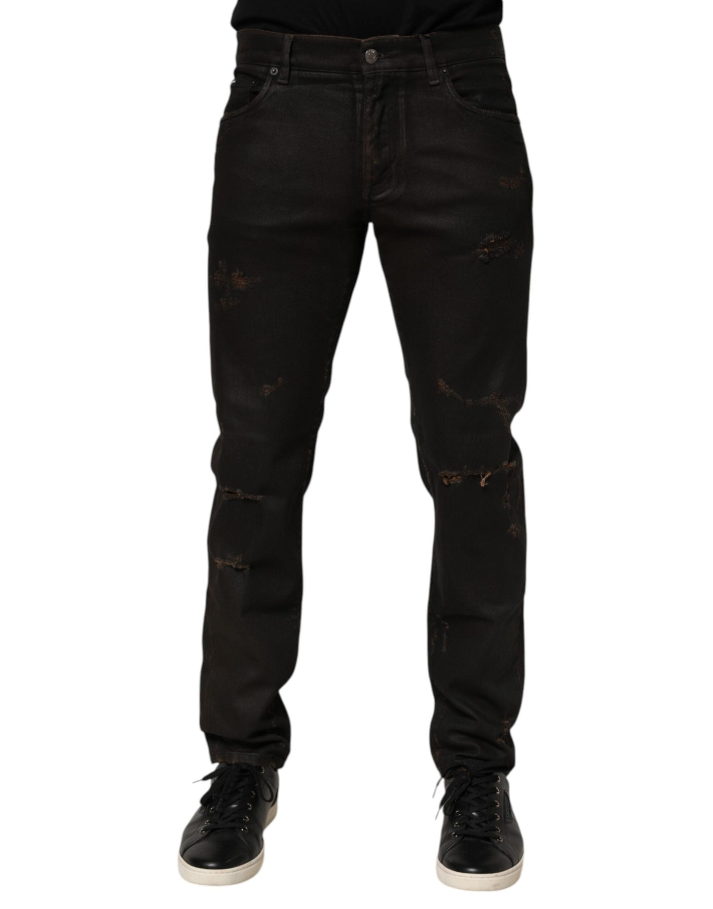 Dolce & Gabbana Dark Brown Tattered Cotton Skinny Denim Jeans