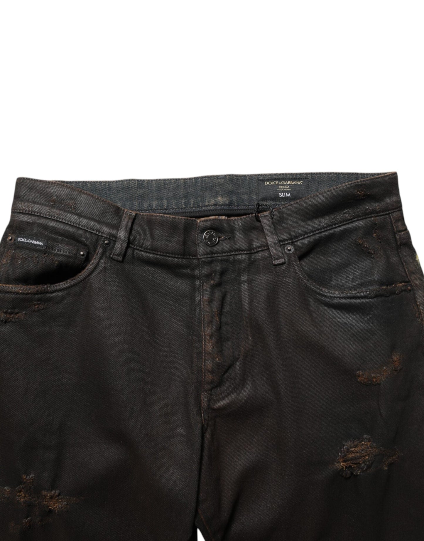 Dolce & Gabbana Dark Brown Tattered Cotton Skinny Denim Jeans