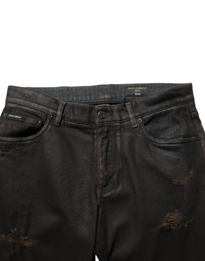 Dolce & Gabbana Dark Brown Tattered Cotton Skinny Denim Jeans