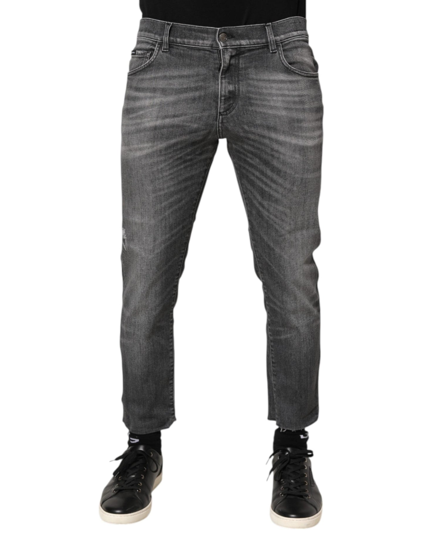 Dolce & Gabbana Grey Cotton Denim Slim Fit Distressed Pants Jeans