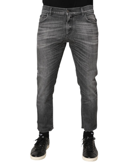 Dolce & Gabbana Grey Cotton Denim Slim Fit Distressed Pants Jeans