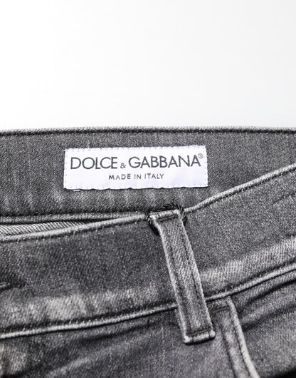 Dolce & Gabbana Grey Cotton Denim Slim Fit Distressed Pants Jeans