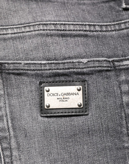 Dolce & Gabbana Grey Cotton Denim Slim Fit Distressed Pants Jeans