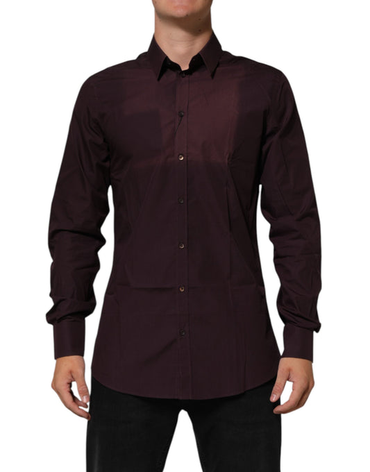 Dolce & Gabbana Maroon Cotton Collared GOLD Formal Dress Shirt
