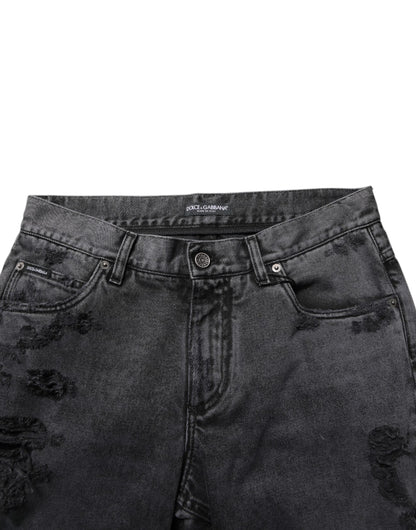 Dolce & Gabbana Black Tattered Skinny Cotton Men Denim Jeans