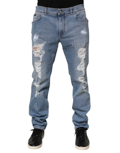 Dolce & Gabbana Blue Tattered Slim Fit Cotton Denim Jeans