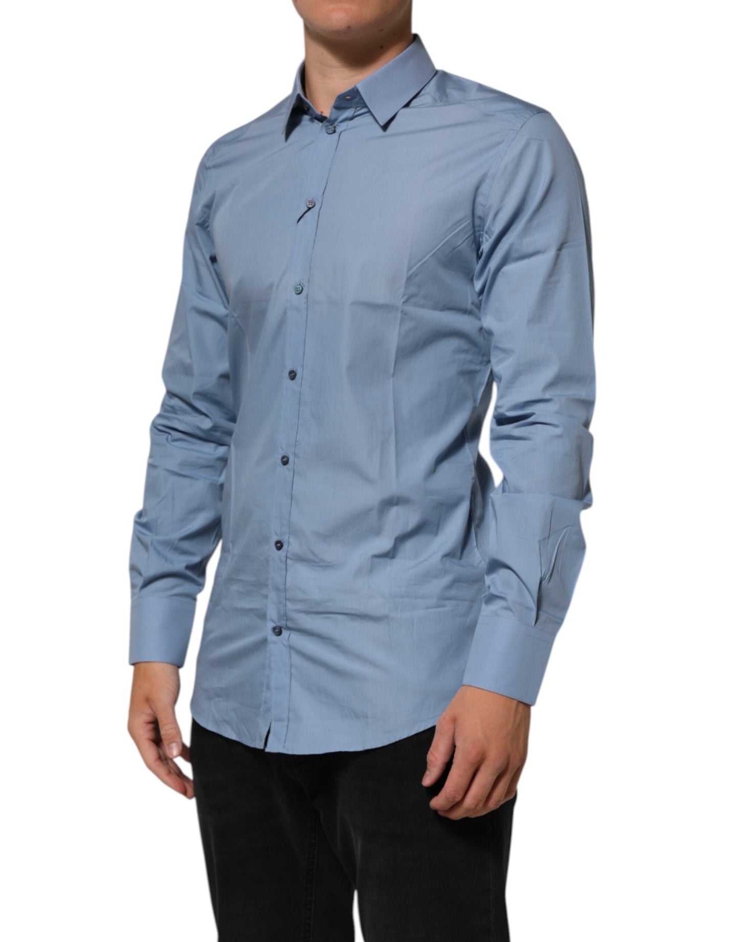 Dolce & Gabbana Blue Cotton Collared GOLD Formal Dress Shirt