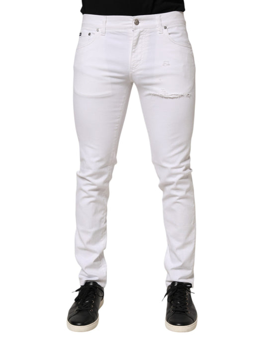 Dolce & Gabbana White Ripped Cotton Skinny Men Denim Jeans