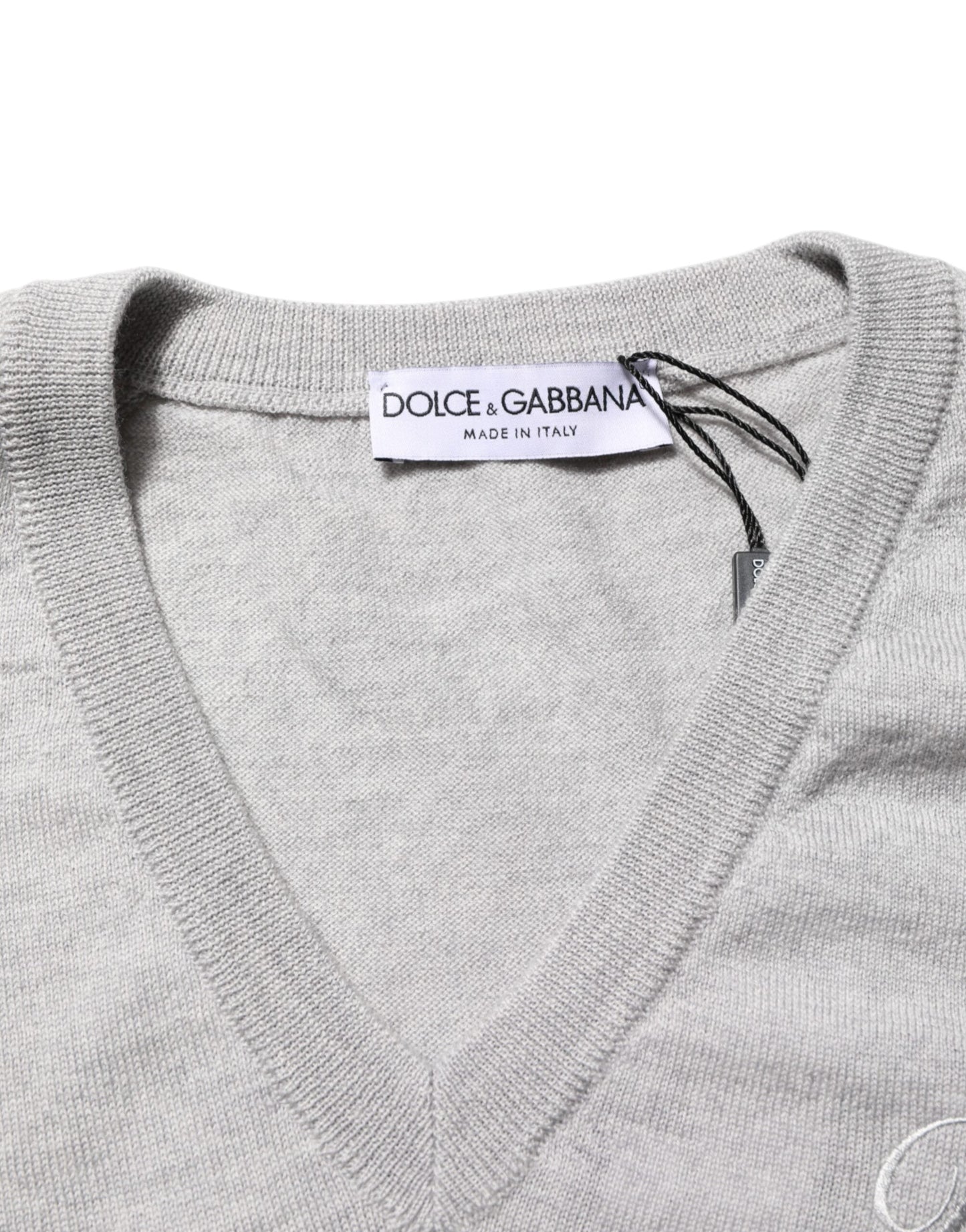 Dolce & Gabbana Gray Wool Knit Logo V-Neck Pullover Sweater