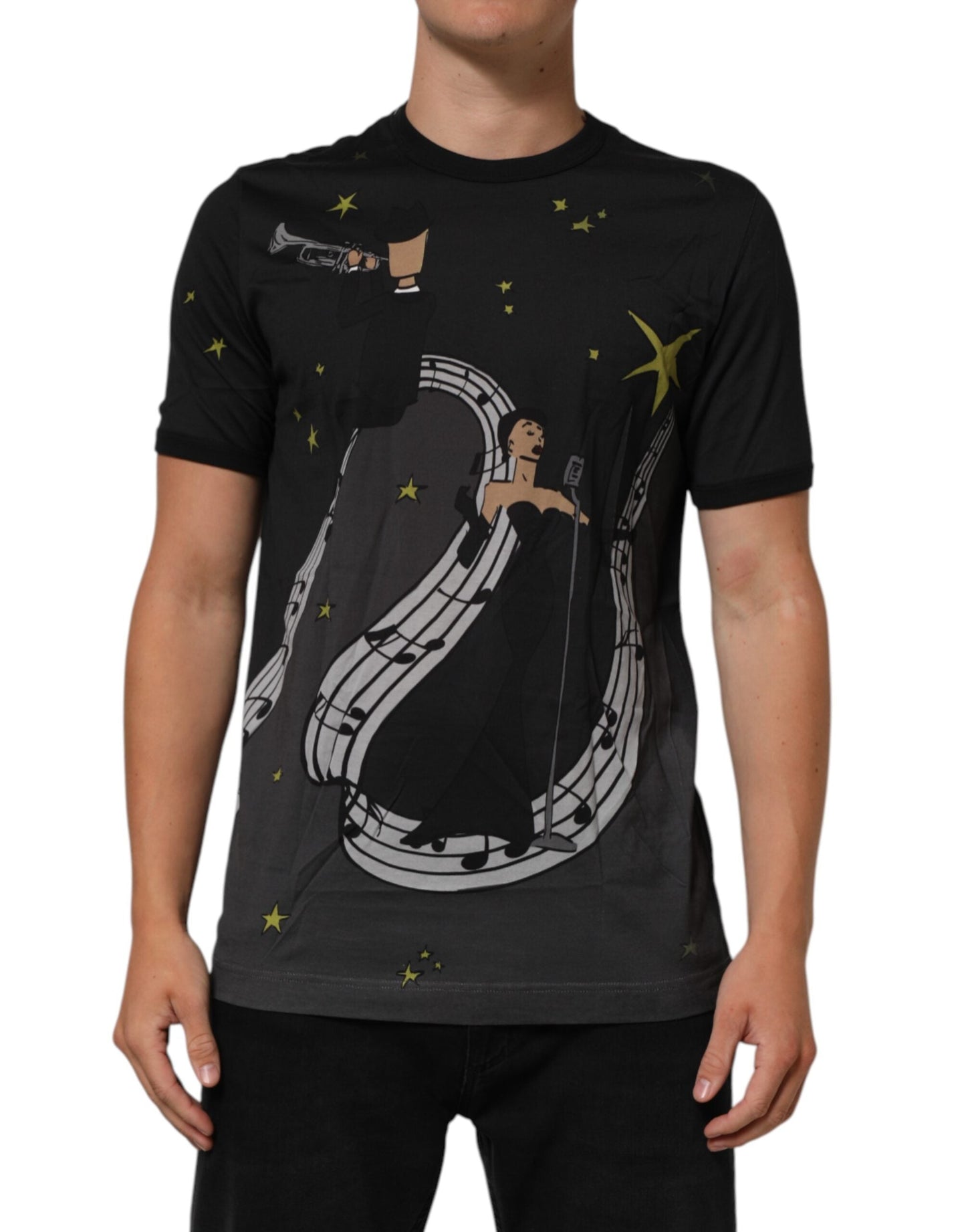 Dolce & Gabbana Black Musical Print Cotton Crew Neck T-shirt