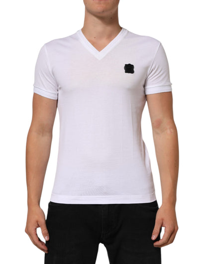 Dolce & Gabbana White Cotton Logo Patch V-neck Tee T-shirt
