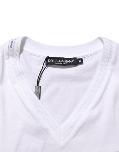 Dolce & Gabbana White Cotton Logo Patch V-neck Tee T-shirt