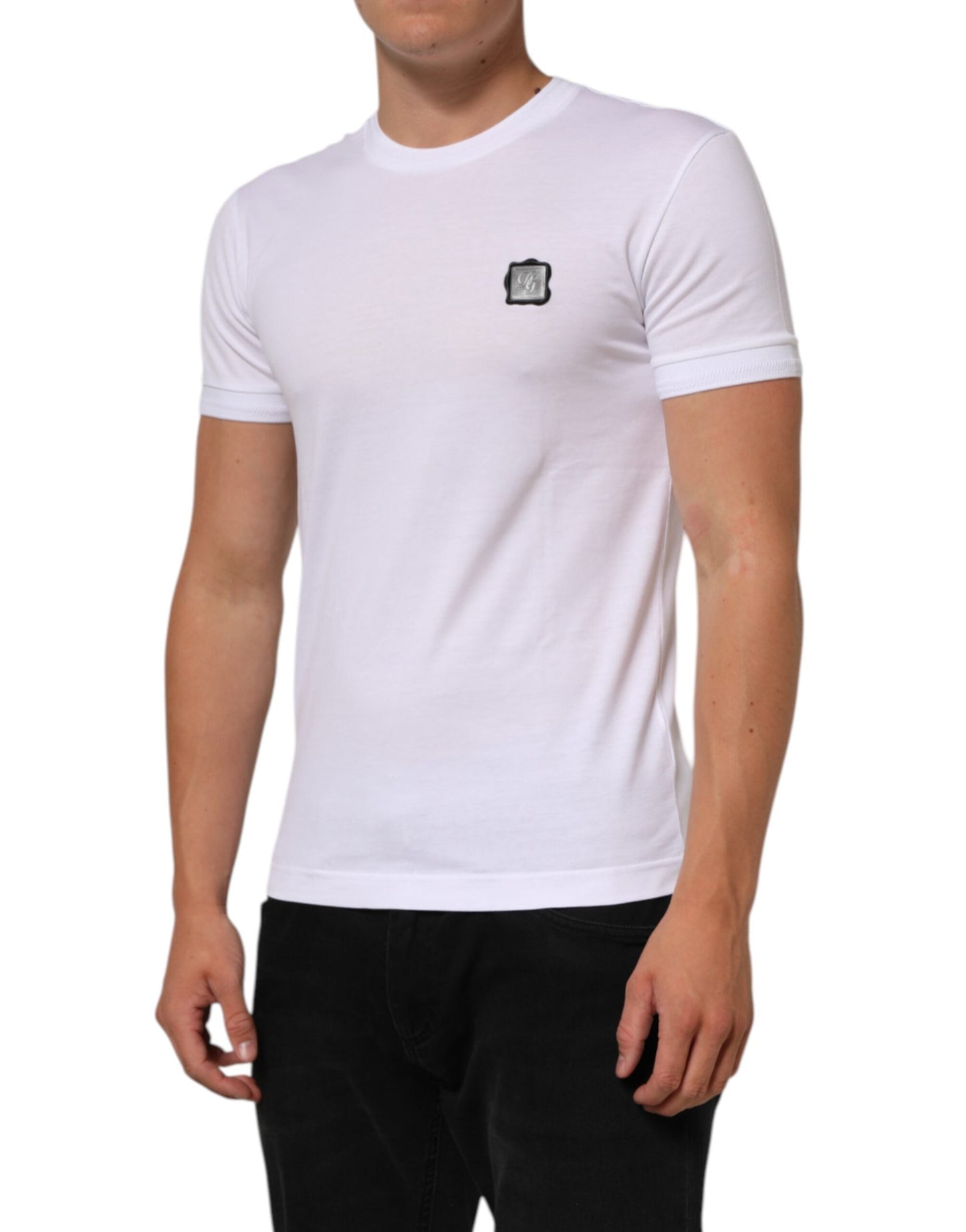 Dolce & Gabbana White Cotton Logo Patch Crew Neck  T-shirt