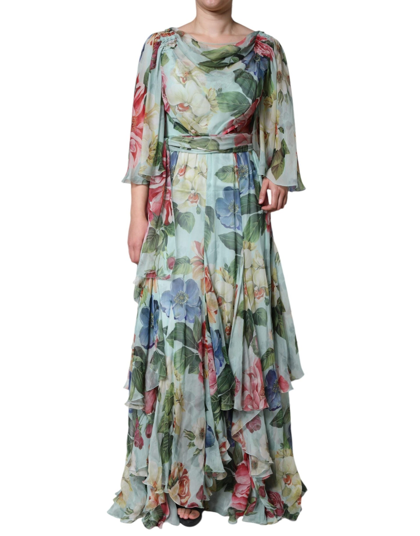 Dolce & Gabbana Blue Floral Print Tiered Long Maxi Dress