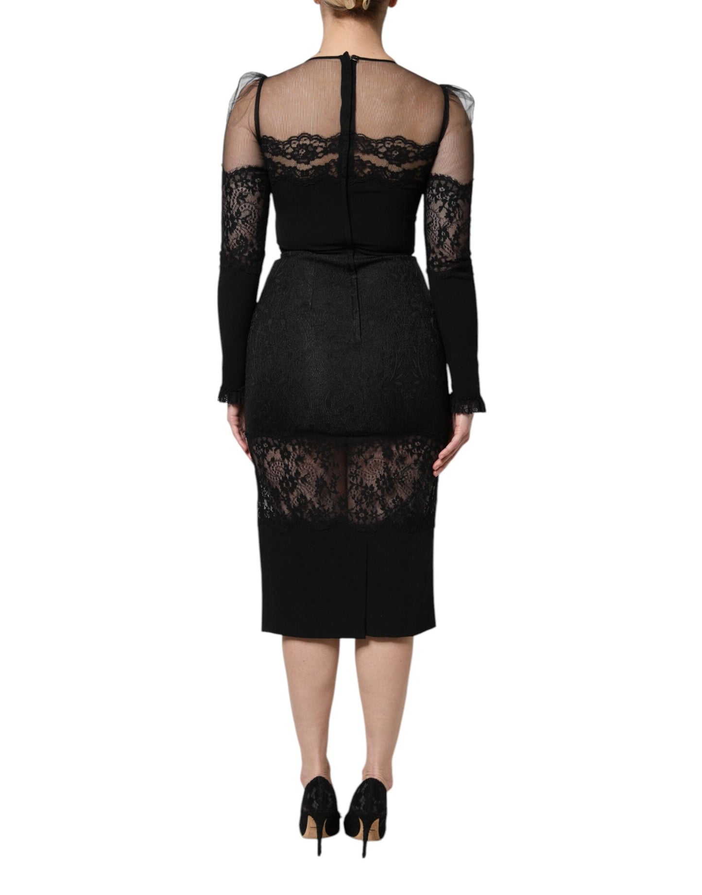 Dolce & Gabbana Black Lace Trim Nylon Tulle SheathMidi Dress