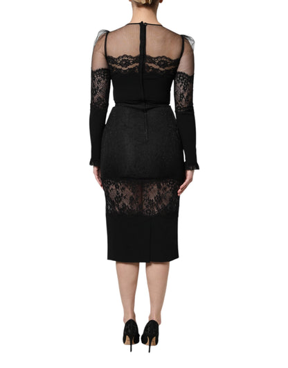 Dolce & Gabbana Black Lace Trim Nylon Tulle SheathMidi Dress