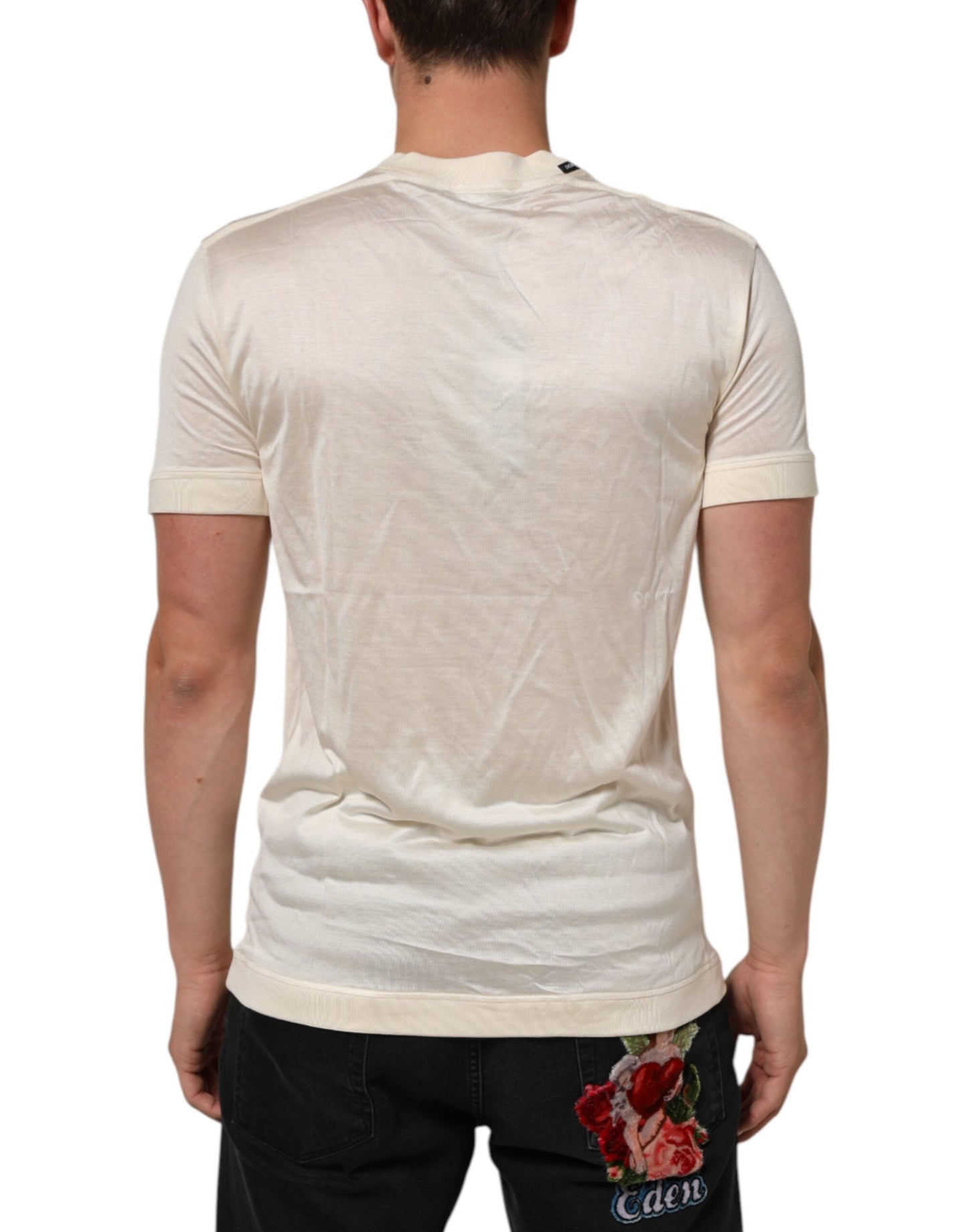 Dolce & Gabbana Off White Silk Crew Neck Short Sleeve T-shirt