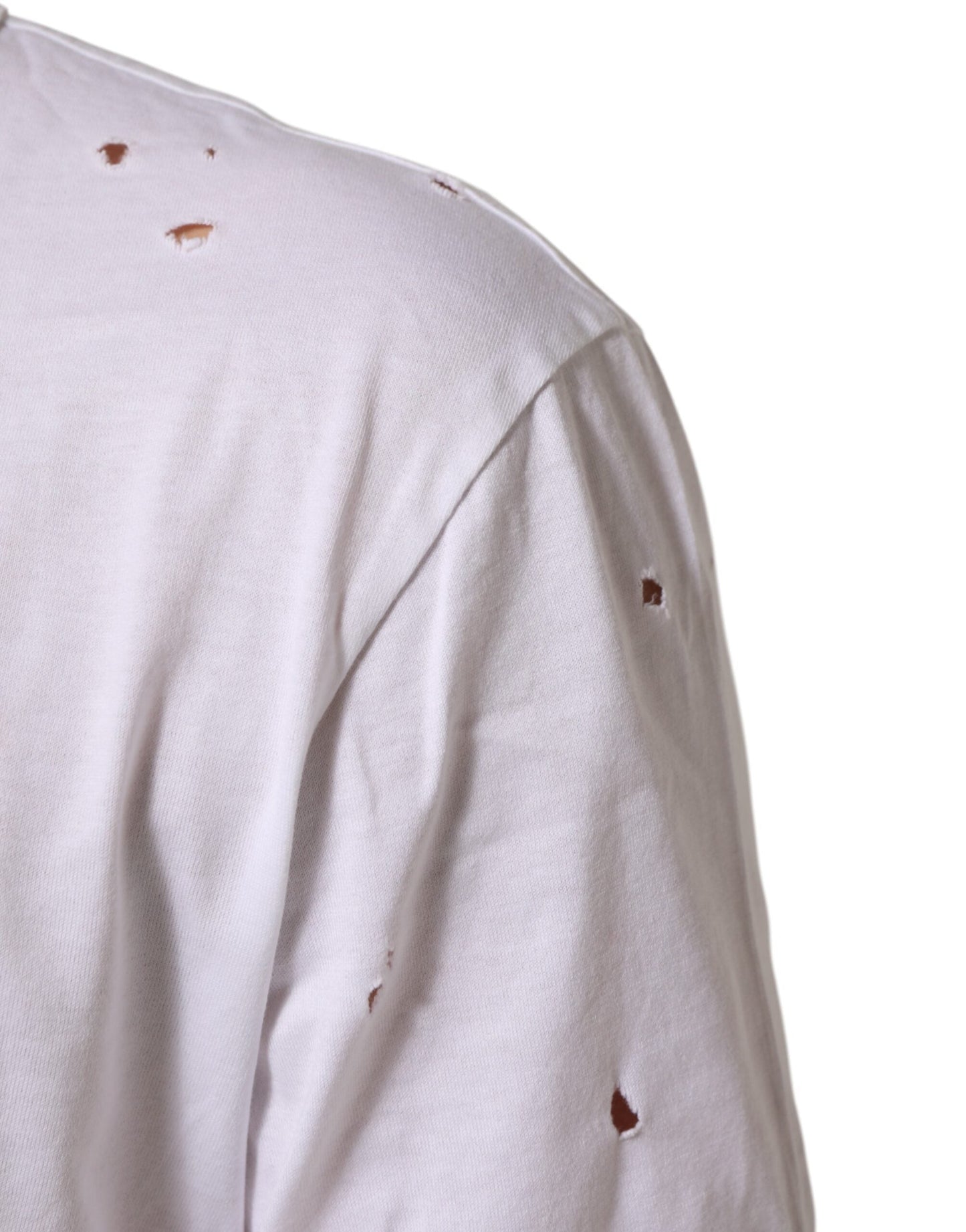 Dolce & Gabbana White Distressed Cotton V Neck Men T-shirt