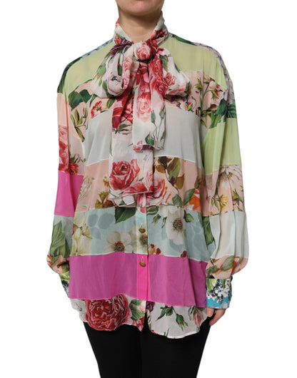 Dolce & Gabbana Multicolor Floral Patchwork Silk Ascot Collar Top