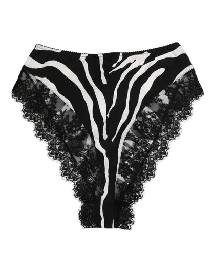Dolce & Gabbana Black Silk Zebra Print Lace High Waist Underwear
