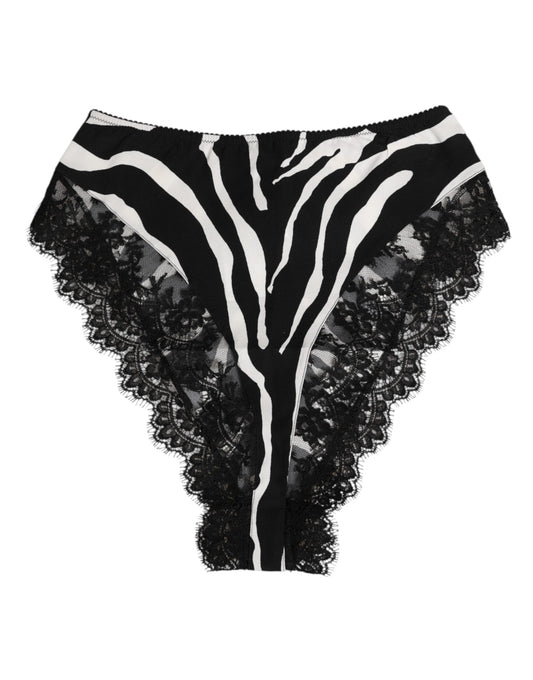 Dolce & Gabbana Black Silk Zebra Print Lace High Waist Underwear