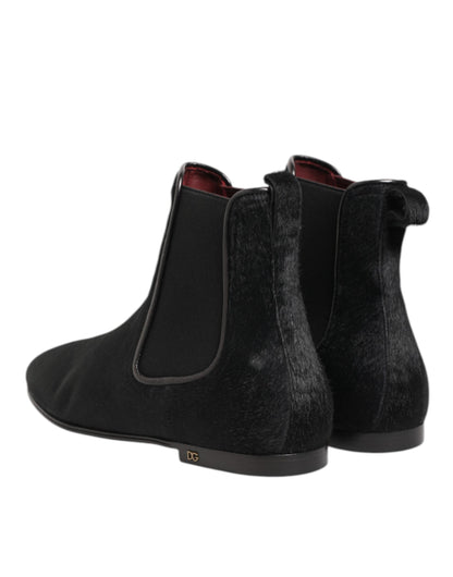 Dolce & Gabbana Black Leather Fur Men CHELSEA Boots Shoes