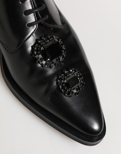 Dolce & Gabbana Black Leather Jeweled Crystals Derby Shoes