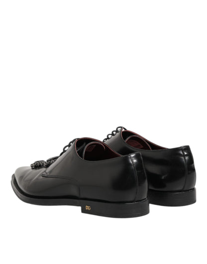 Dolce & Gabbana Black Leather Jeweled Crystals Derby Shoes