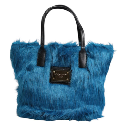 Dolce & Gabbana Blue Fur Logo Plaque Double Handle Shoulder Bag