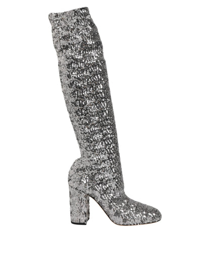 Dolce & Gabbana Silver Sequins Glitter High Heel Boot Shoes