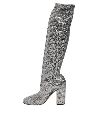 Dolce & Gabbana Silver Sequins Glitter High Heel Boot Shoes
