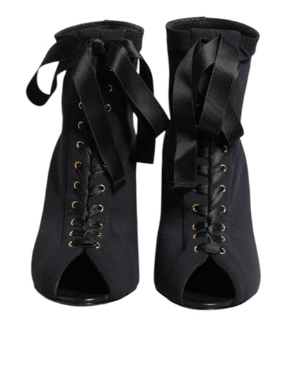 Dolce & Gabbana Black Stiletto Heels Lace Up Boots Shoes