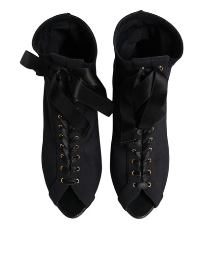 Dolce & Gabbana Black Stiletto Heels Lace Up Boots Shoes