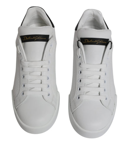 Dolce & Gabbana White Black Leather Low Top Sneakers Shoes