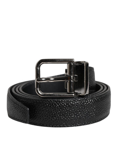 Dolce & Gabbana Black Textured Leather Silver Metal Buckle Men Belt