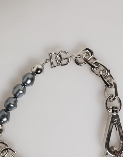 Dolce & Gabbana Silver Tone Chain Lobster Clasp Logo Gray Pearls Bracelet