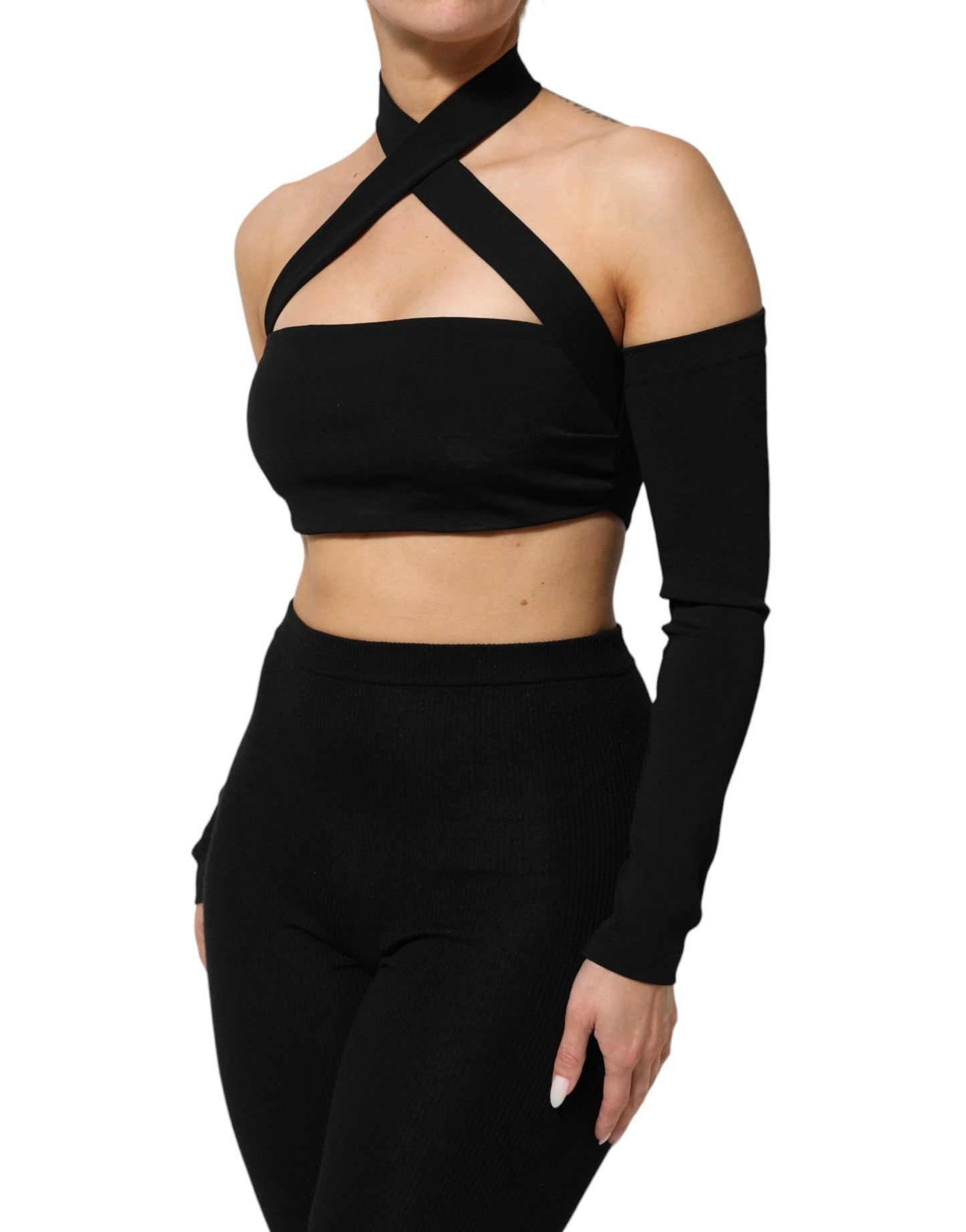 Dolce & Gabbana Black Viscose Halter Off Shoulder Cropped Top
